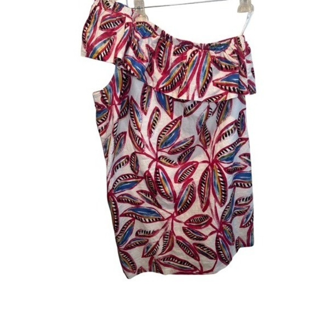 J.Crew One Shoulder Ruffle Linen Blend Colorful Tropical Leaf Print Dress XL